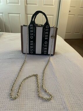 GUESS Tricolor Logo Mini Satchel with Chain - Black/White/Tan